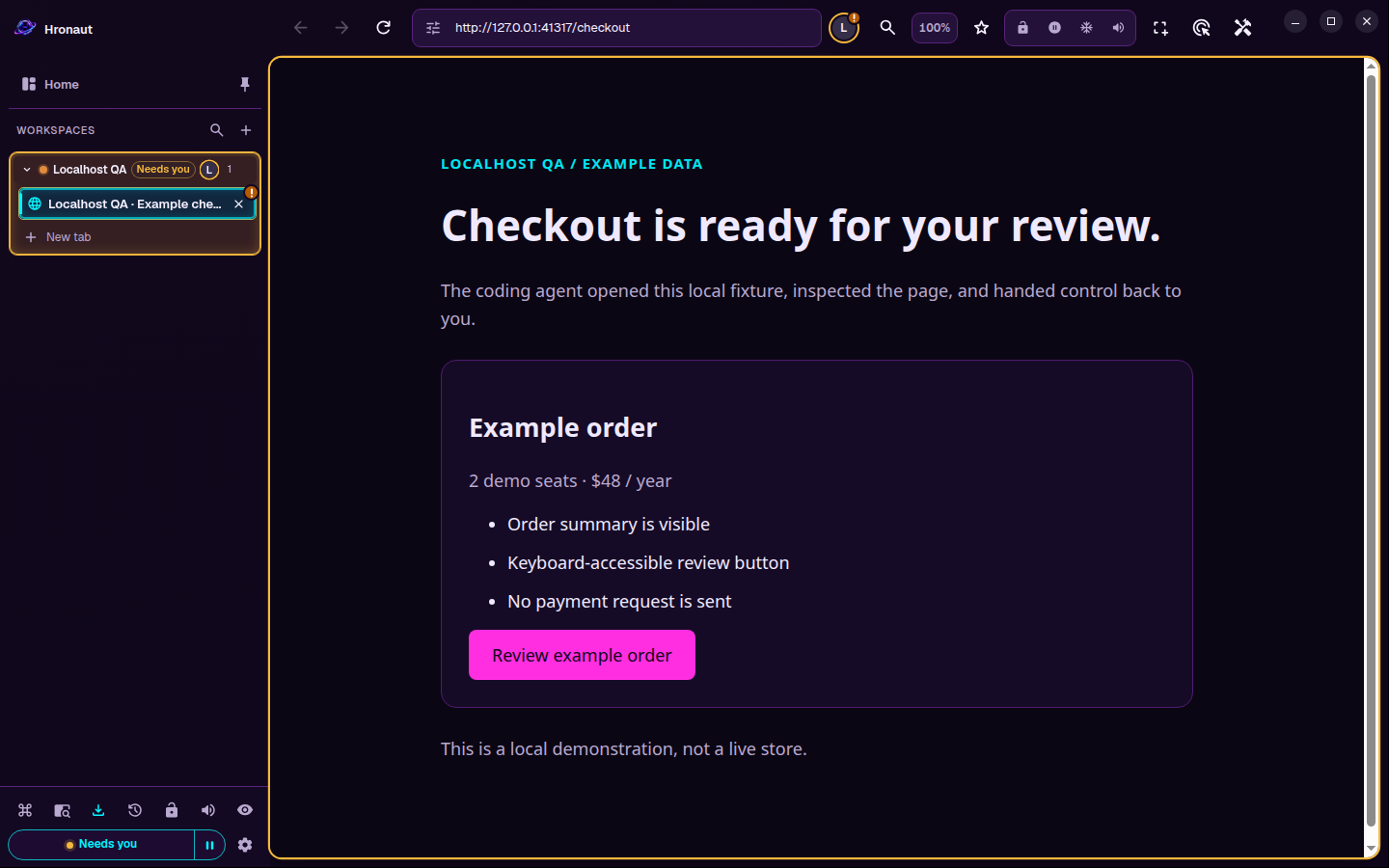 Hronaut 3.3.1: an isolated Localhost QA workspace, an agent-inspected example checkout, and a human-review handoff.